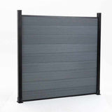 Angled front view of a light gray co-extrusion composite fence panel with black posts