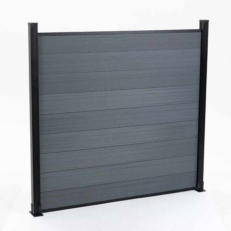 Light gray composite privacy fence panel with horizontal boards and slim black framing