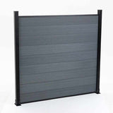 Light gray composite privacy fence panel with horizontal boards and slim black framing