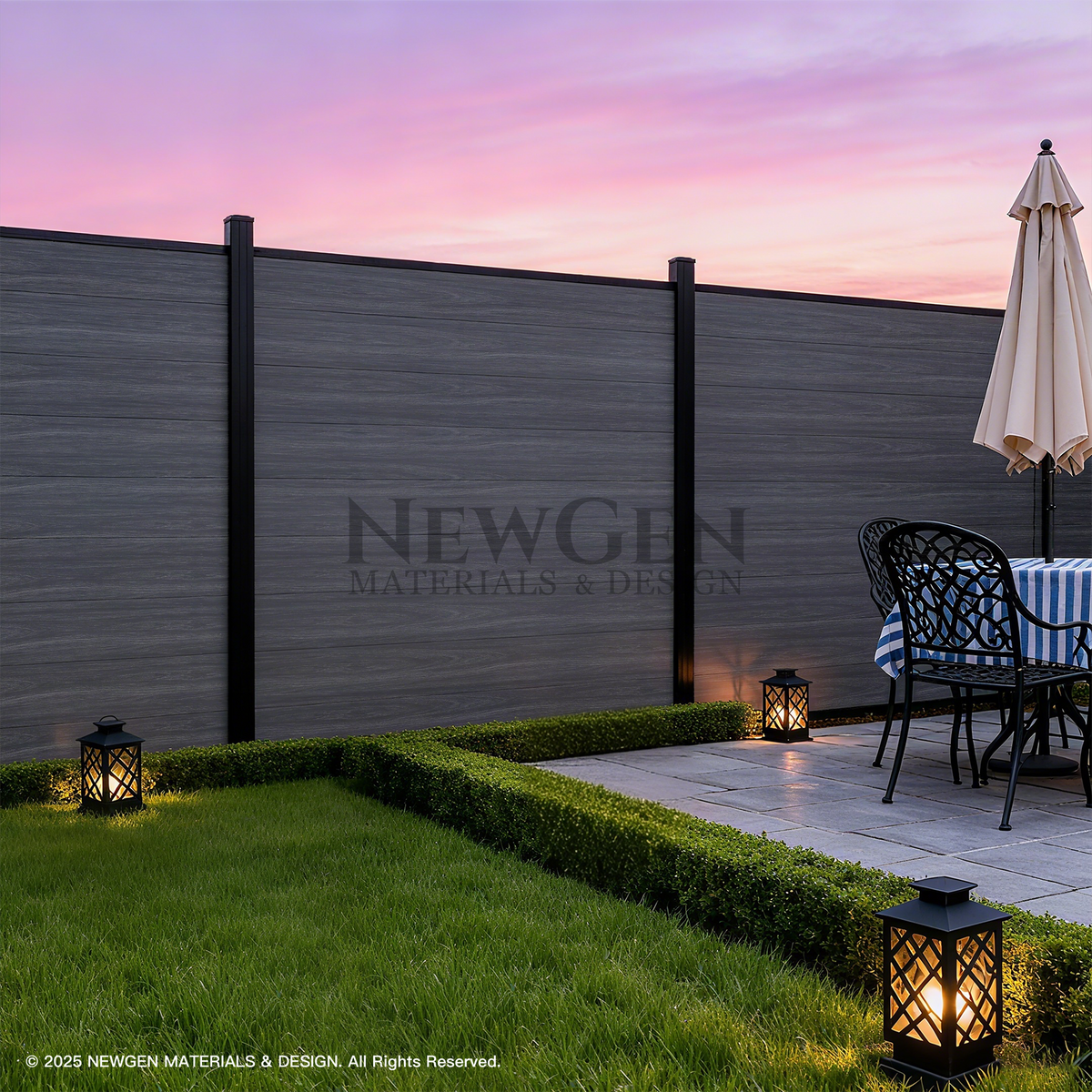 Light gray co-extrusion composite fence beside a patio dining area at sunset