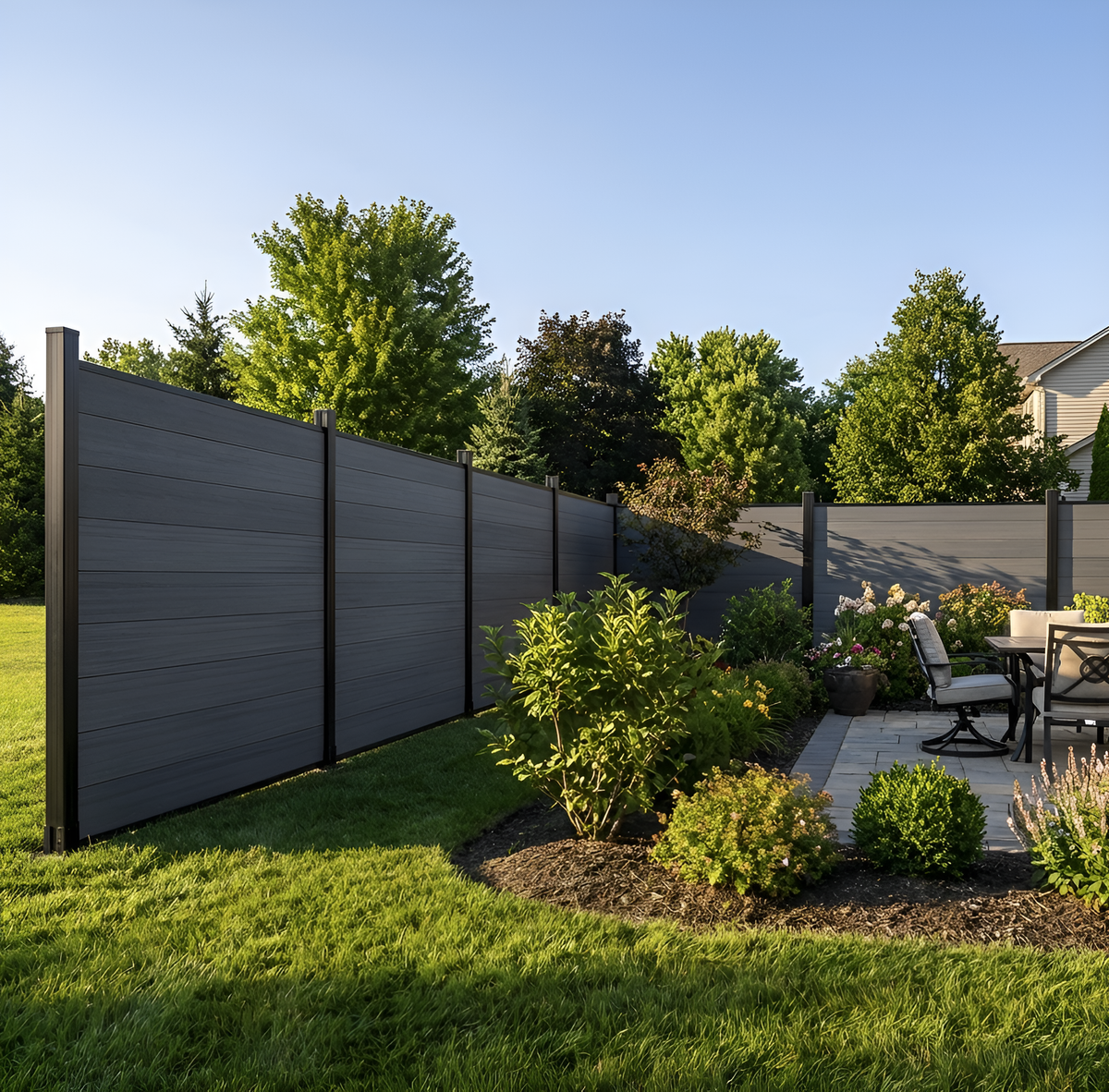 Light gray composite fence with black posts installed along a backyard garden and patio