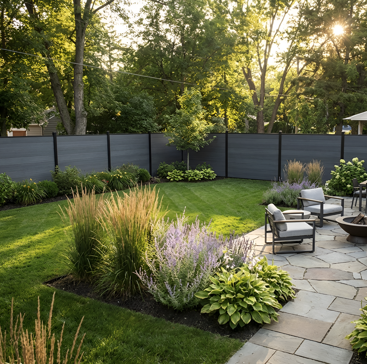 Light gray composite privacy fence enclosing a landscaped backyard lawn and stone patio