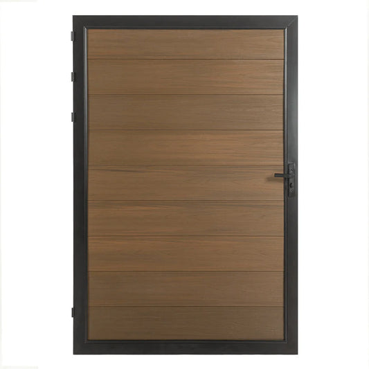Walnut WPC fence gate with horizontal wooden planks, black metal frame, set between brick columns, ideal for NJ homes