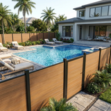 Walnut composite pool fence with matching gate, horizontal boards, and black posts