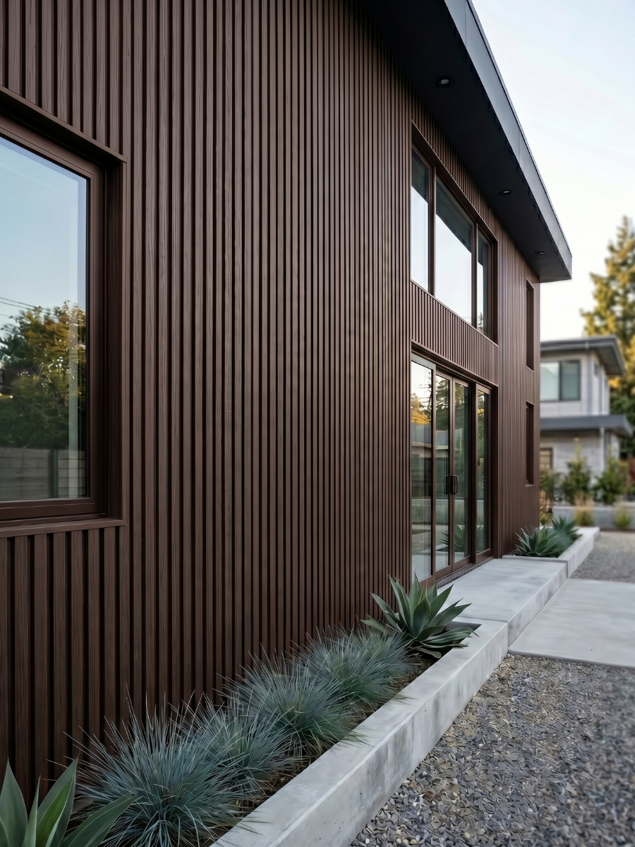 Waterproof dark brown composite exterior wall panels with wood texture