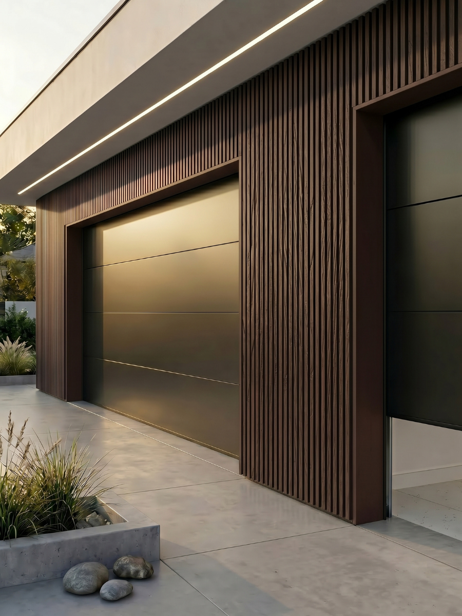 Dark brown composite exterior cladding installed around black garage doors on a contemporary facade