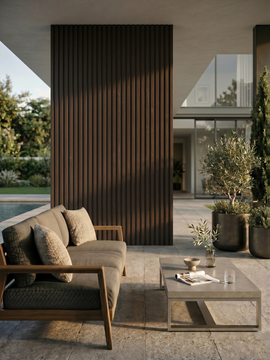 Dark brown composite cladding accent wall in a covered outdoor lounge with seating and potted plants