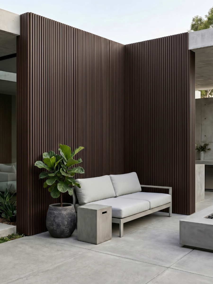 Dark brown wide composite cladding boards for stylish outdoor walls
