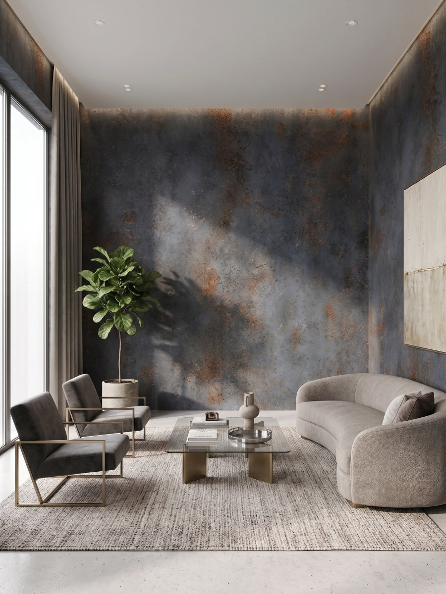 Graphite charcoal stone-effect PVC panels installed as a textured feature wall in a modern living room