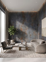 Graphite charcoal stone-effect PVC panels installed as a textured feature wall in a modern living room