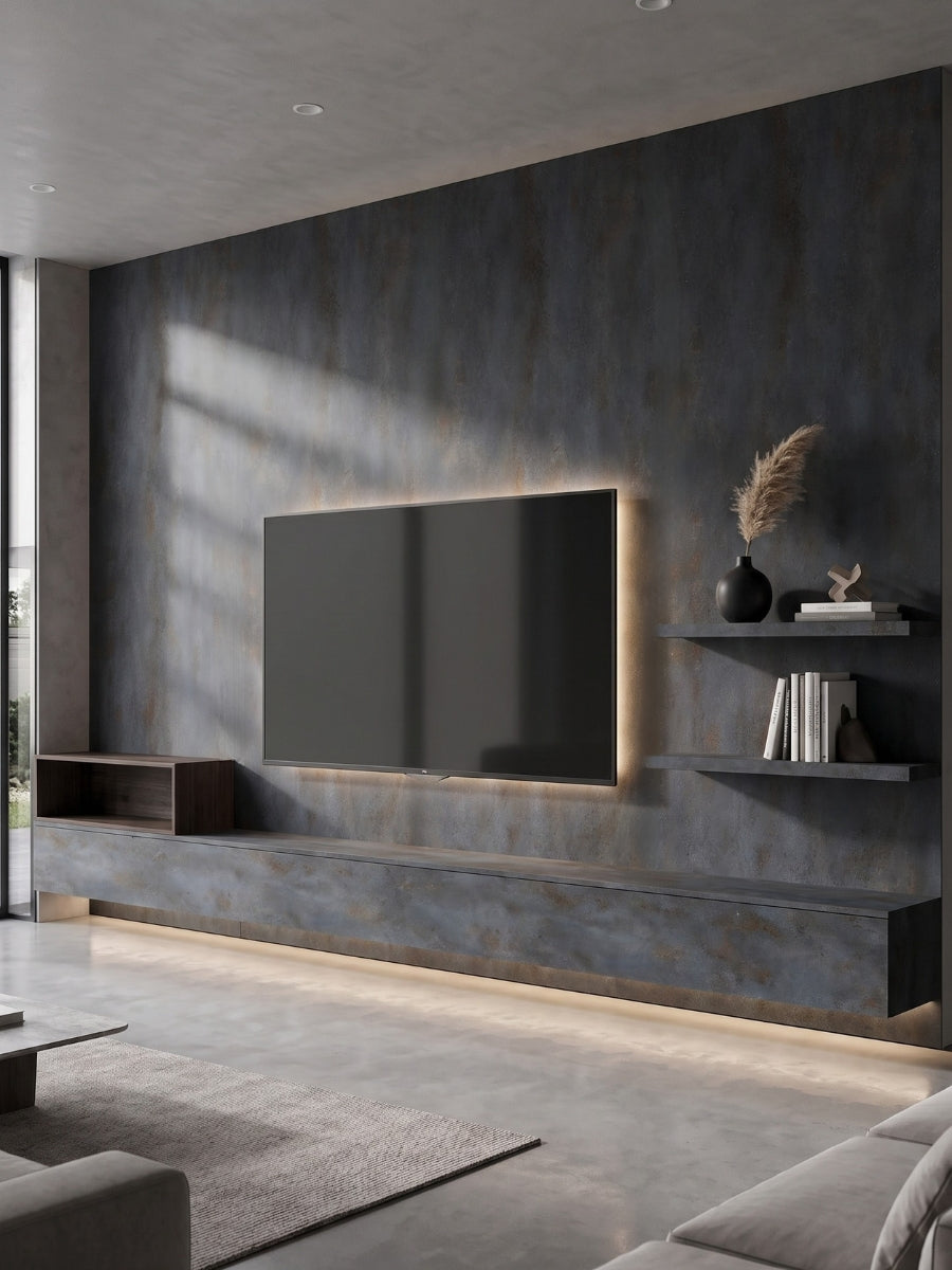 Dark graphite charcoal PVC stone panels covering a modern TV wall with floating console and shelves