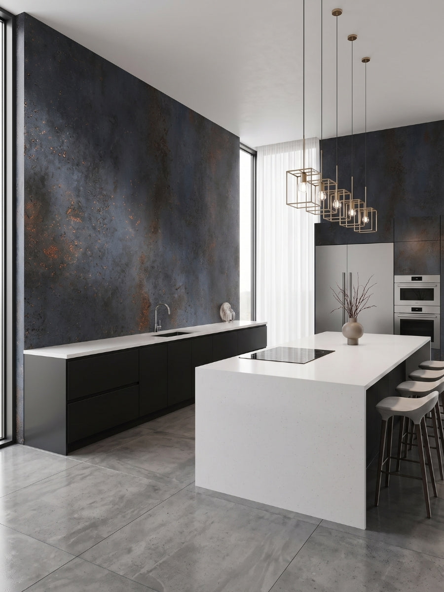 Graphite charcoal rough-texture PVC stone panels installed on walls in a modern black-and-white kitchen