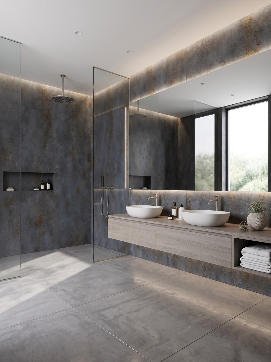 Waterproof graphite charcoal PVC stone panels lining a modern bathroom with glass shower and double vanity