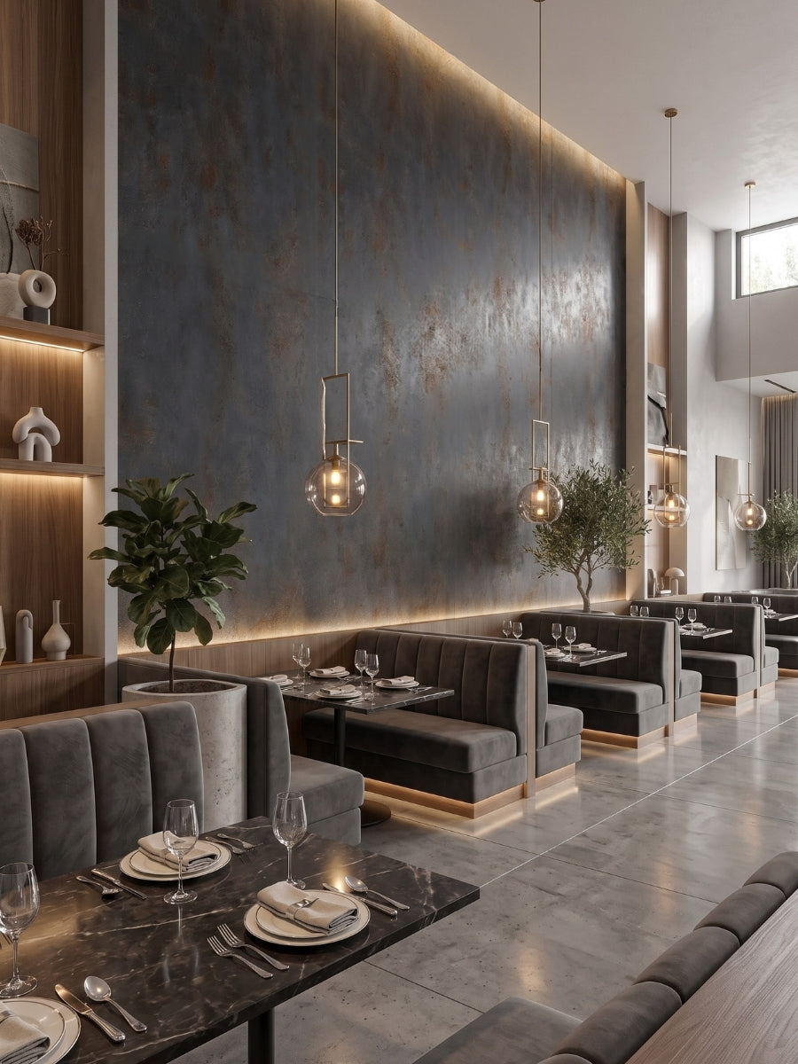 Graphite charcoal rough-texture PVC stone panels forming a tall illuminated accent wall in a contemporary restaurant