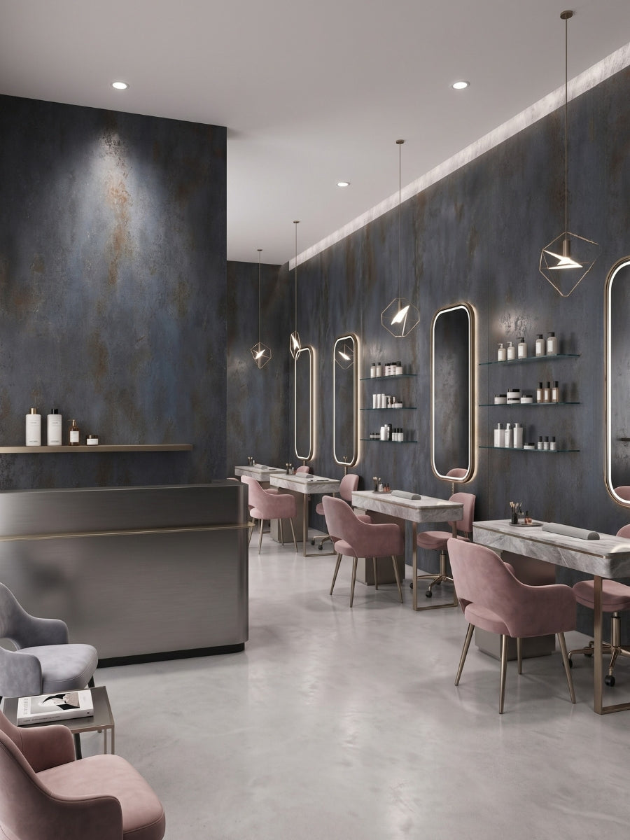 Dark graphite charcoal stone-effect PVC wall panels installed throughout a modern hair salon