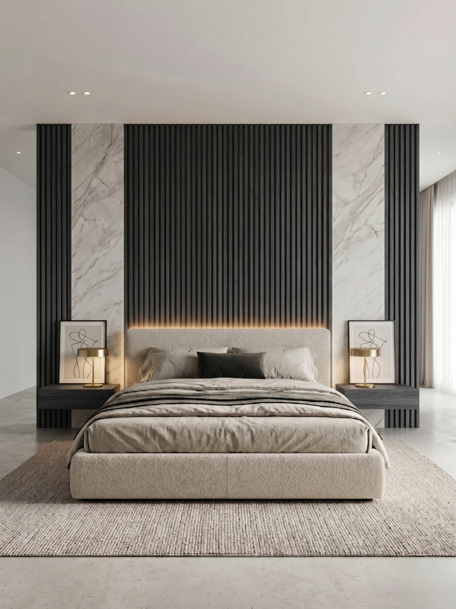 Dark Smoky Oak fluted panels and white marble-look sections forming a modern bedroom feature wall