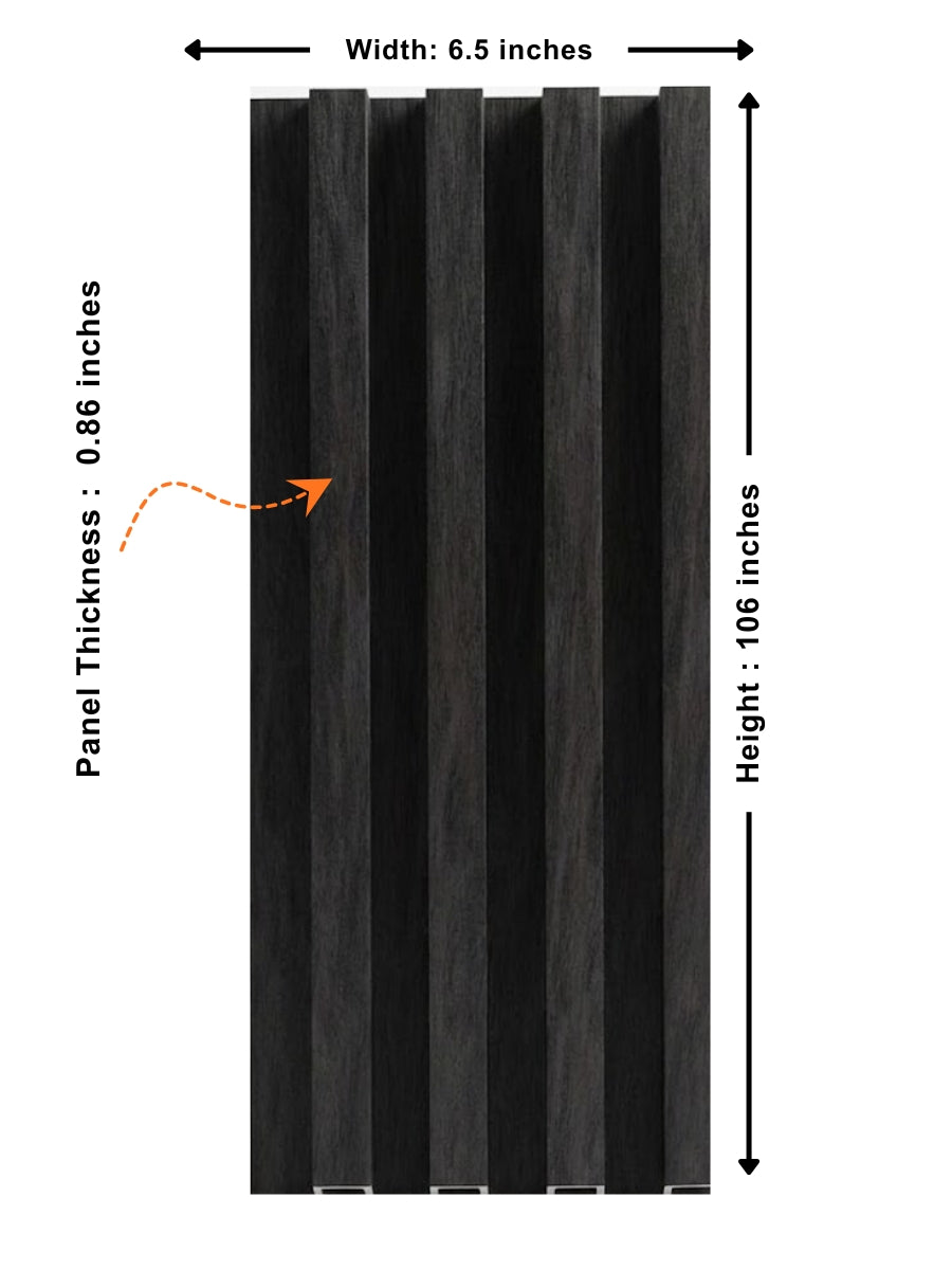 Dark Smoky Oak WPC fluted wall panel dimensions showing 6.5-inch width, 106-inch height, and 0.86-inch thickness