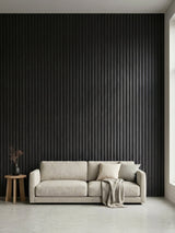 Dark Smoky Oak fluted 3D wall panels installed behind a cream sofa in a modern living room