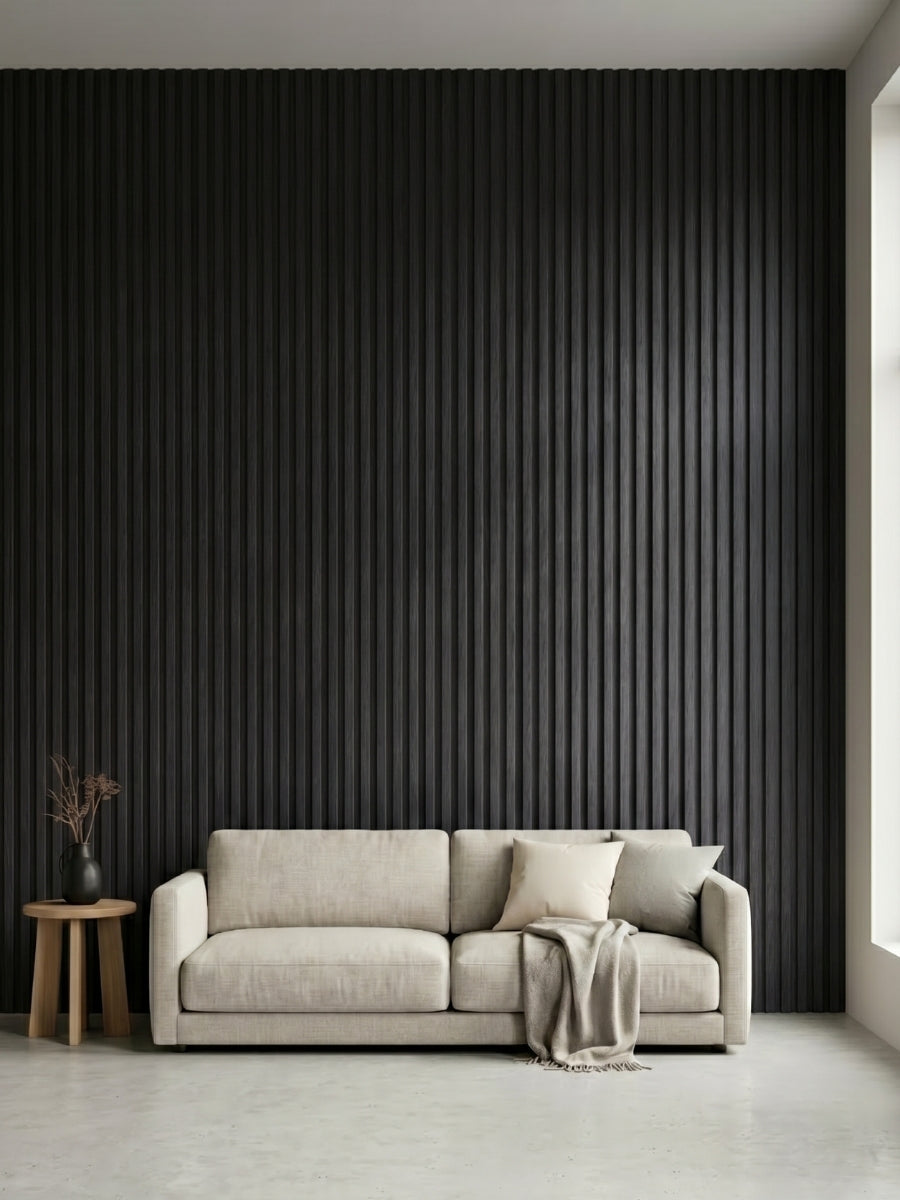 Dark Smoky Oak fluted 3D wall panels installed behind a cream sofa in a modern living room