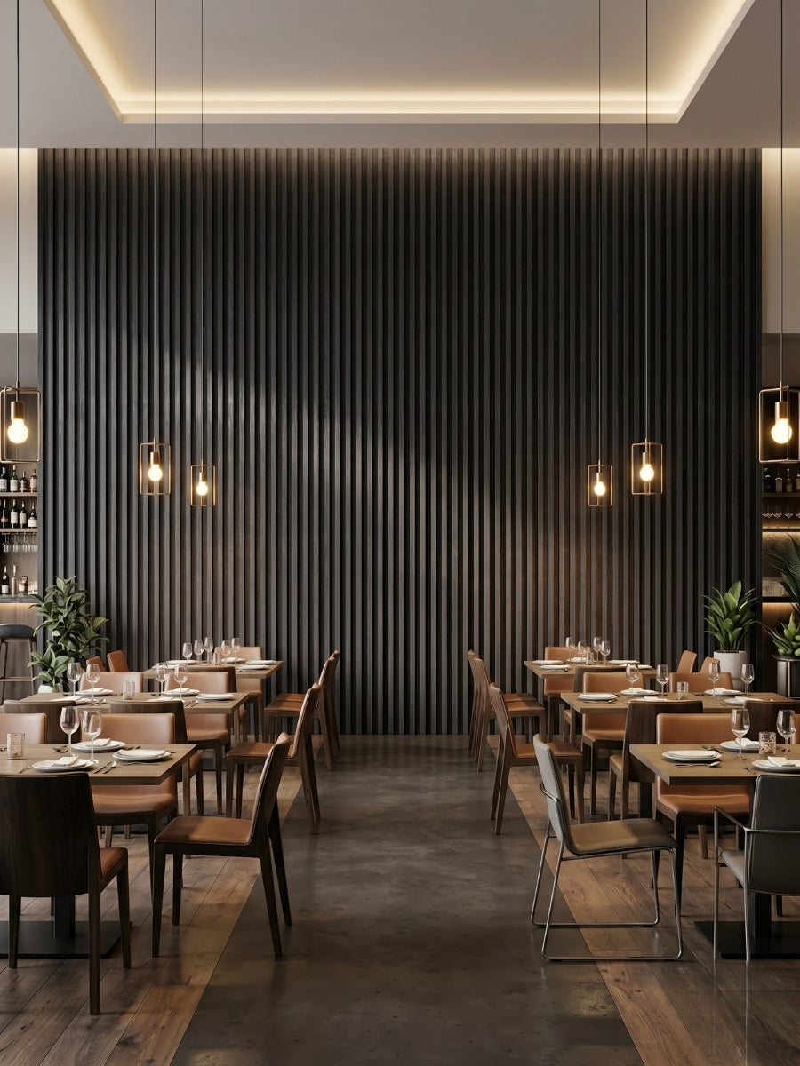 Restaurant dining area with a full-height Dark Smoky Oak fluted 3D accent wall