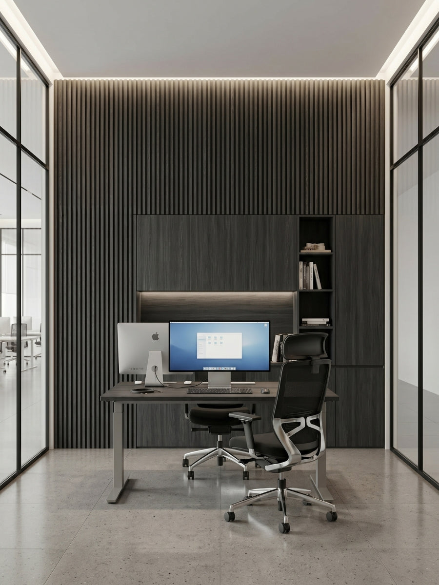 Modern office with Dark Smoky Oak fluted wall panels behind a desk and built-in cabinets