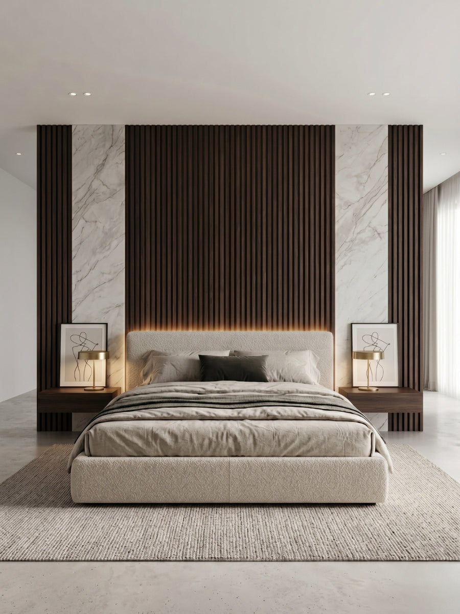 Modern bedroom with Dark Walnut Oak WPC fluted panels and marble-look sections framing the bed