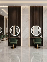 Salon stations with round illuminated mirrors mounted on Dark Walnut Oak WPC fluted wall panels