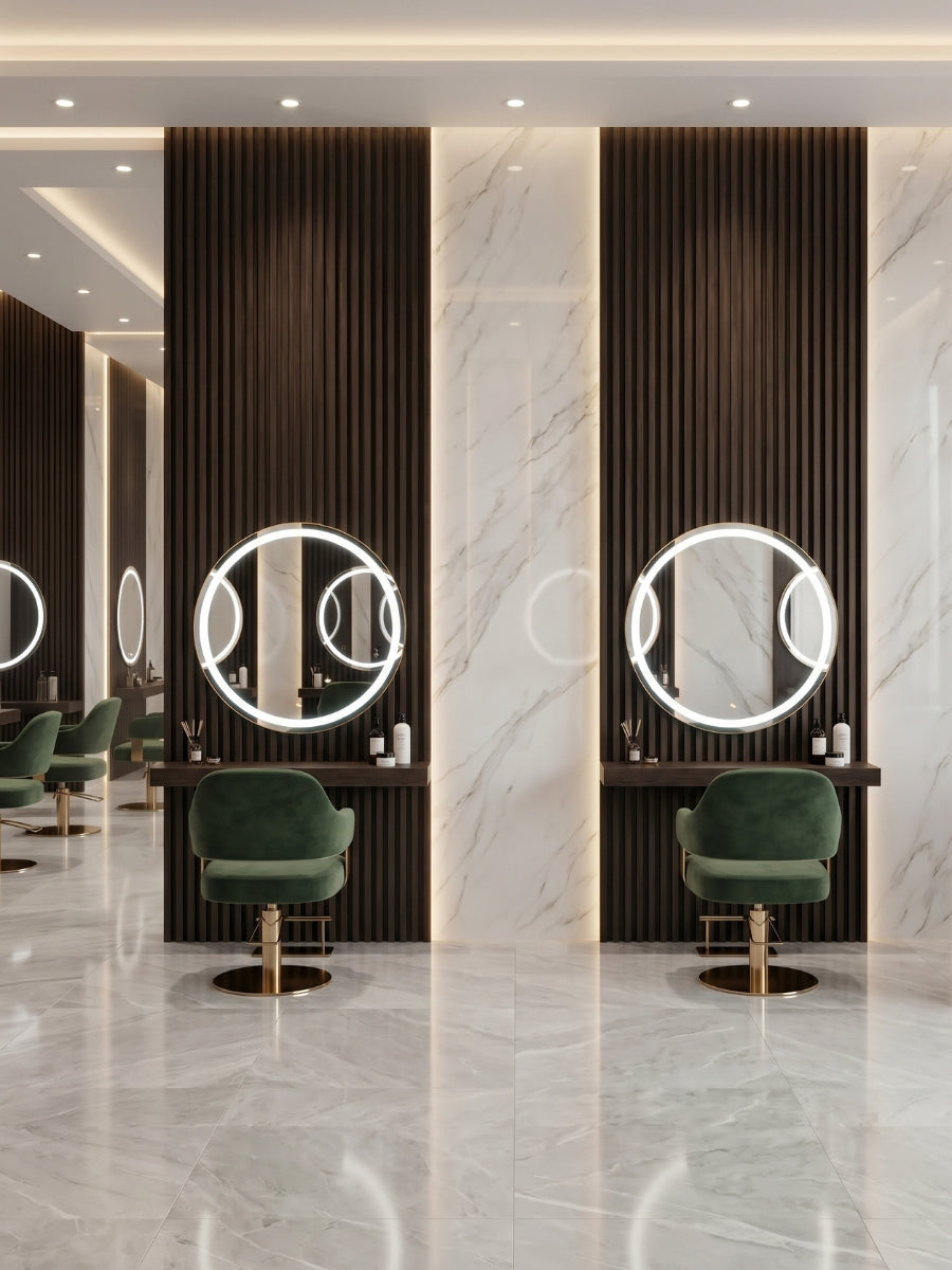 Salon stations with round illuminated mirrors mounted on Dark Walnut Oak WPC fluted wall panels
