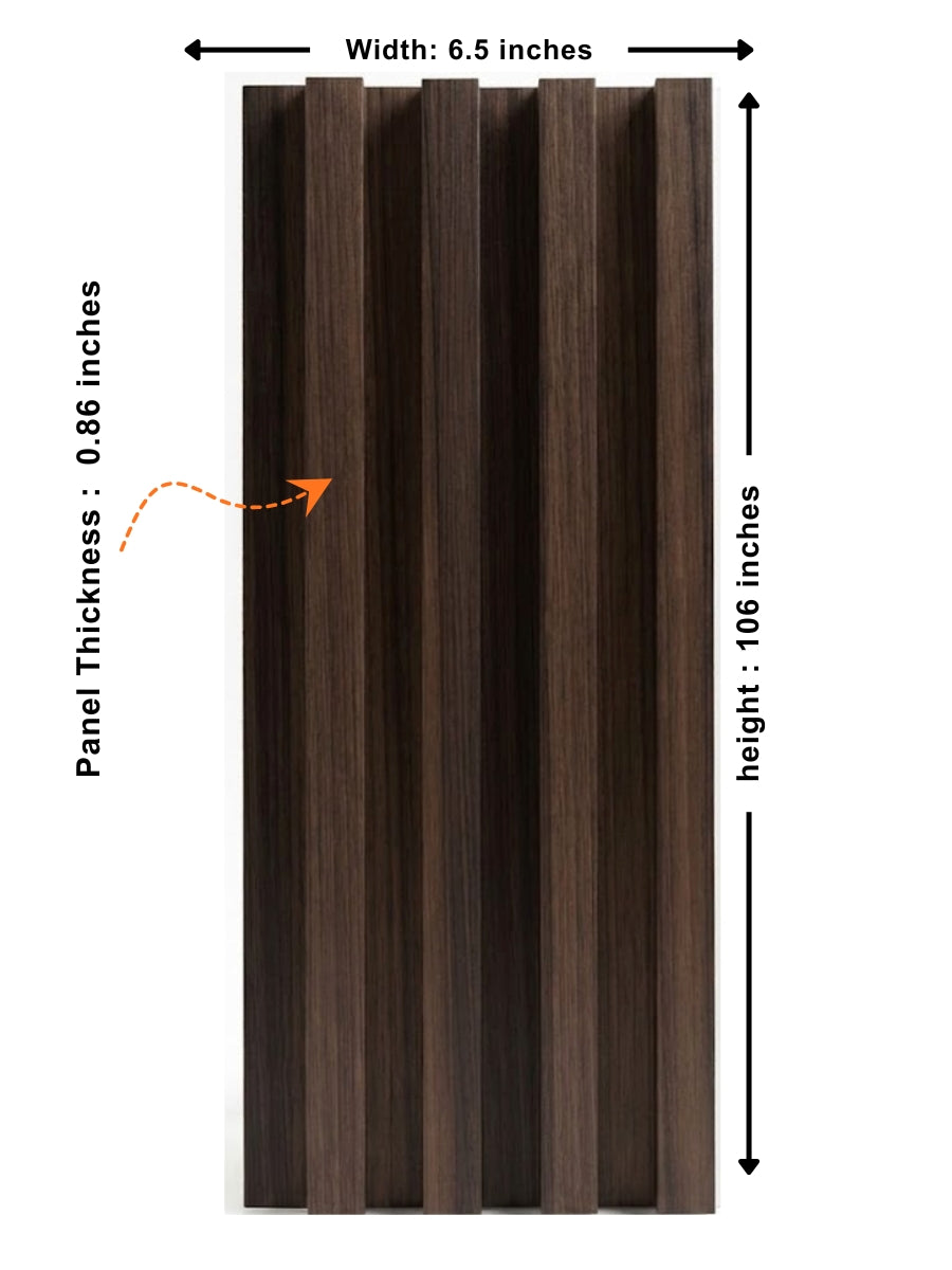 Dark Walnut Oak WPC fluted wall panel dimensions: 6.5 inches wide, 106 inches high and 0.86 inch thick