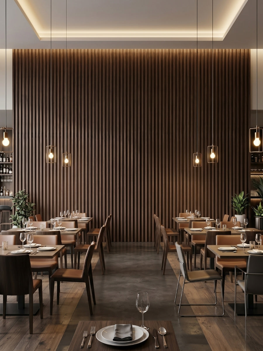 Restaurant interior with a large Dark Walnut Oak WPC fluted 3D feature wall behind dining tables