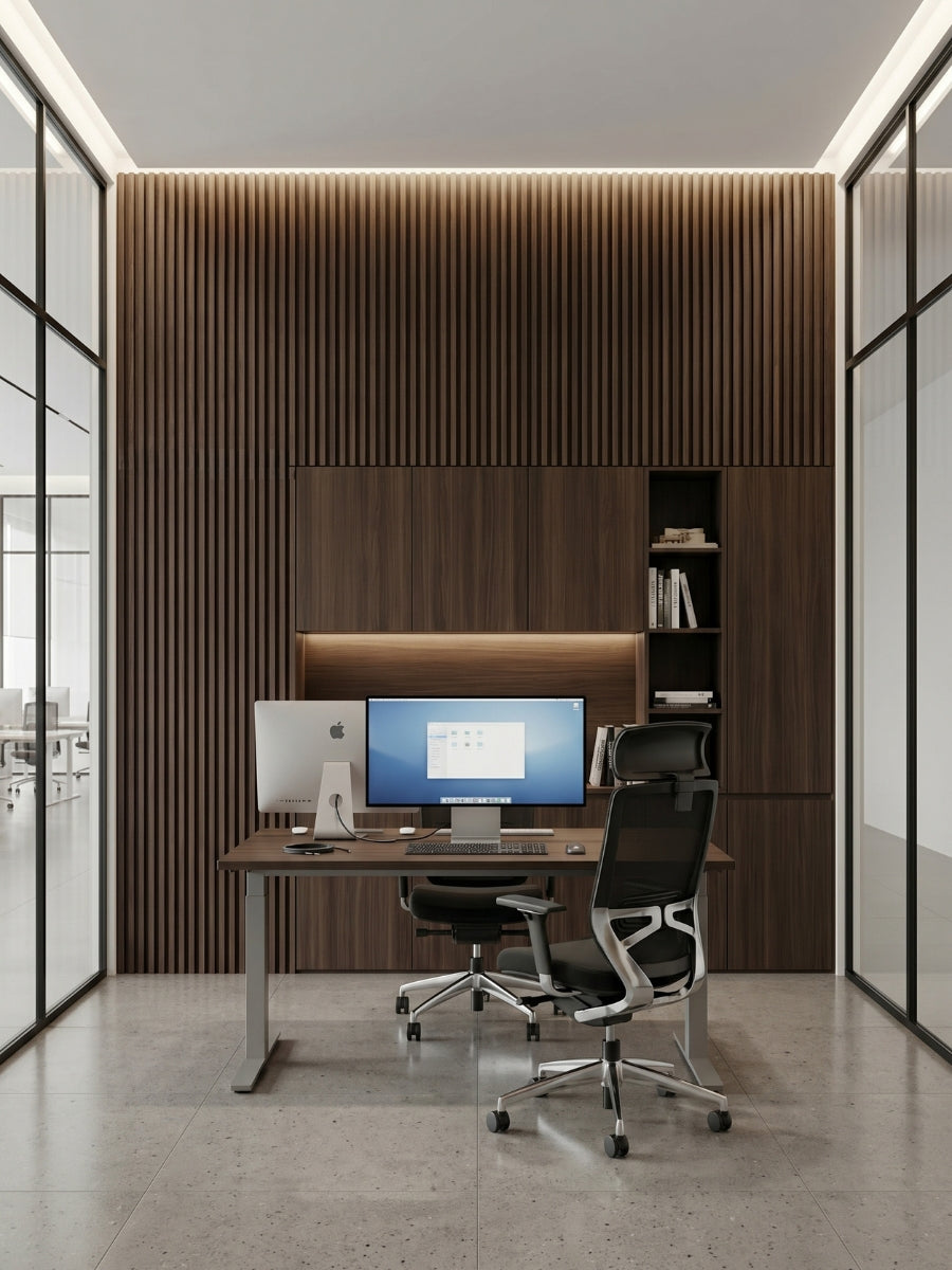 Modern office with Dark Walnut Oak WPC fluted wall panels surrounding a built-in desk and cabinets