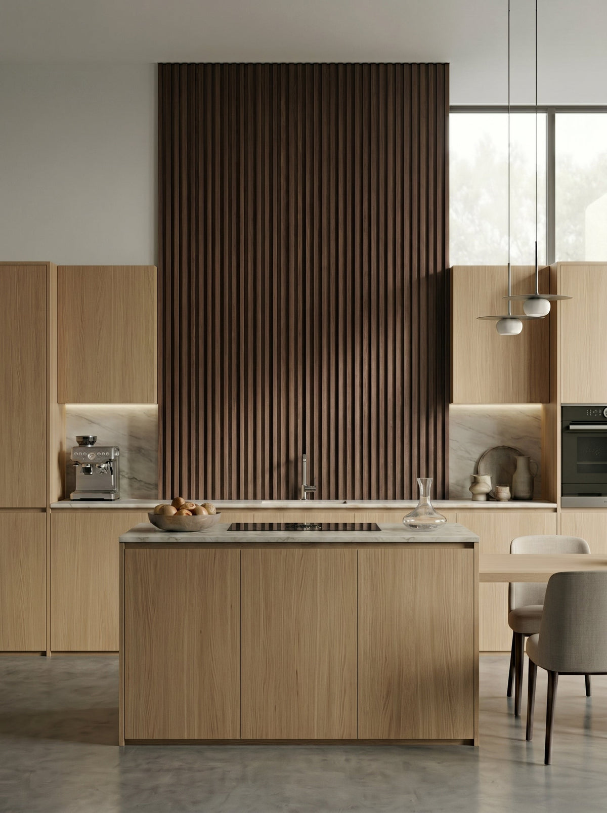 Dark Walnut Oak WPC fluted panels forming a tall kitchen accent wall above a light wood island