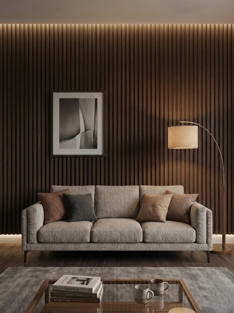 Dark Walnut Oak WPC fluted feature wall behind a gray sofa in a contemporary living room