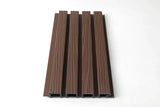 Angled view of dark brown composite wide exterior cladding with four raised wood-grain slats and hollow ends