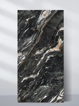 Dark PVC marble sheet sample with sweeping white, gray and warm beige veining