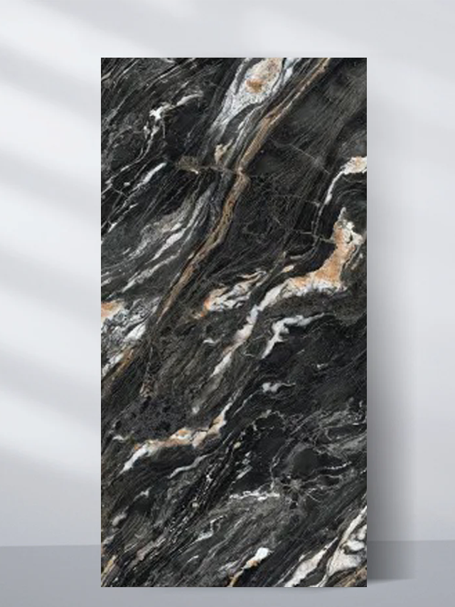 Dark PVC marble sheet sample with sweeping white, gray and warm beige veining