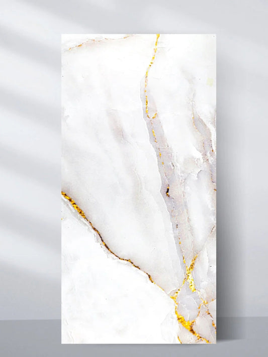 Empress Gold polished PVC marble sheet with a white surface, soft gray veining and metallic gold accents, 4 x 8 ft