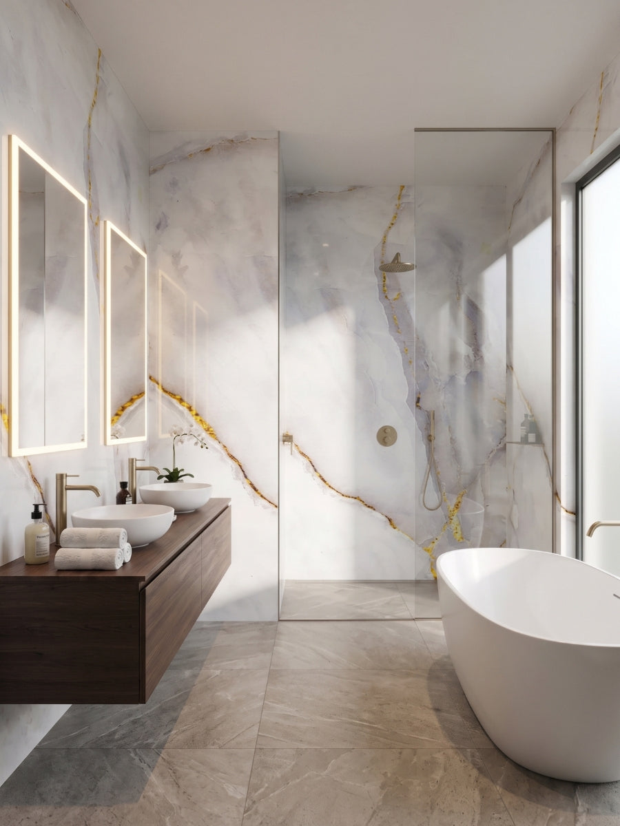 Empress Gold polished PVC marble sheets lining the vanity wall and glass shower in a contemporary bathroom