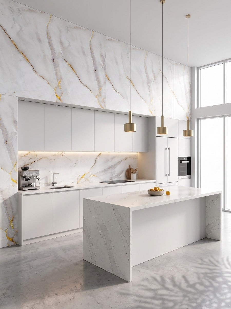 Empress Gold polished PVC marble sheets covering the backsplash and upper feature wall in a modern white kitchen