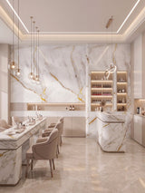 Empress Gold polished PVC marble sheets with gold veining installed on a feature wall and counters in a refined dining interior