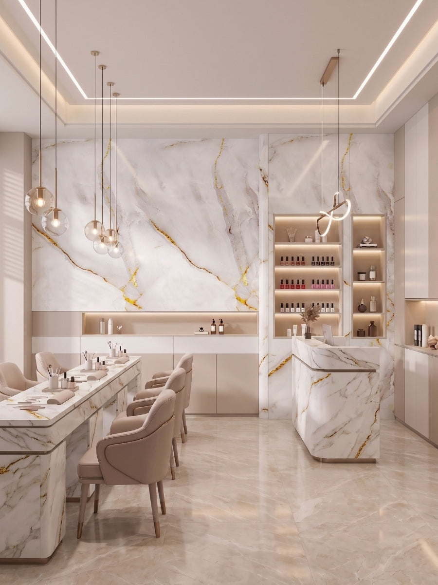 Empress Gold polished PVC marble sheets installed as feature wall panels and counter cladding in a refined interior