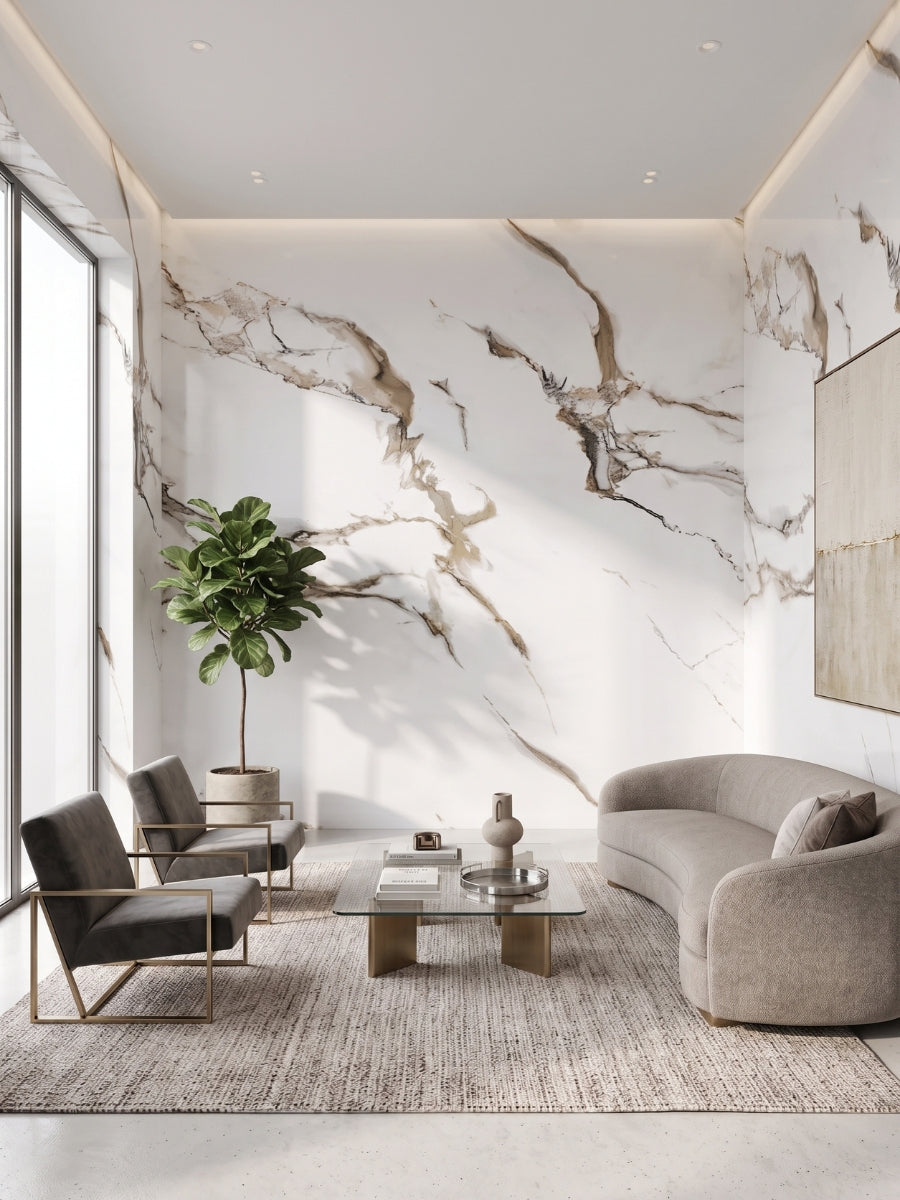 Ethereal Blush Marble PVC wall panels installed as a floor-to-ceiling accent wall in a modern living room