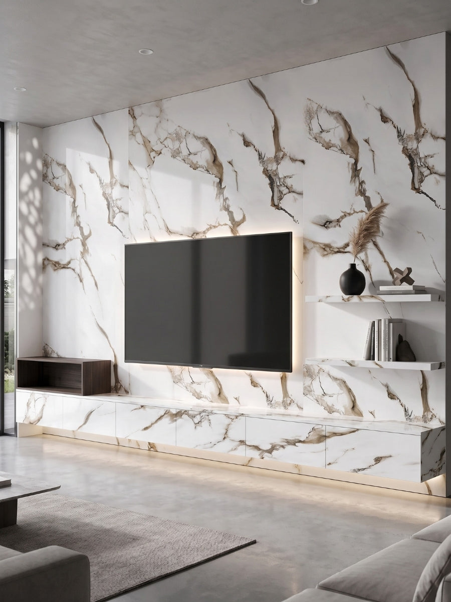 Modern TV feature wall clad in Ethereal Blush Marble PVC panels with dramatic brown and gray veining