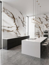 Ethereal Blush Marble PVC wall panels installed in a contemporary kitchen with black cabinets and a white island