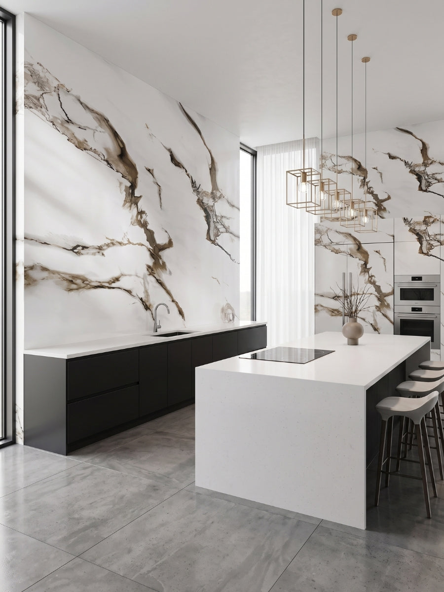 Ethereal Blush Marble PVC wall panels installed in a contemporary kitchen with black cabinets and a white island