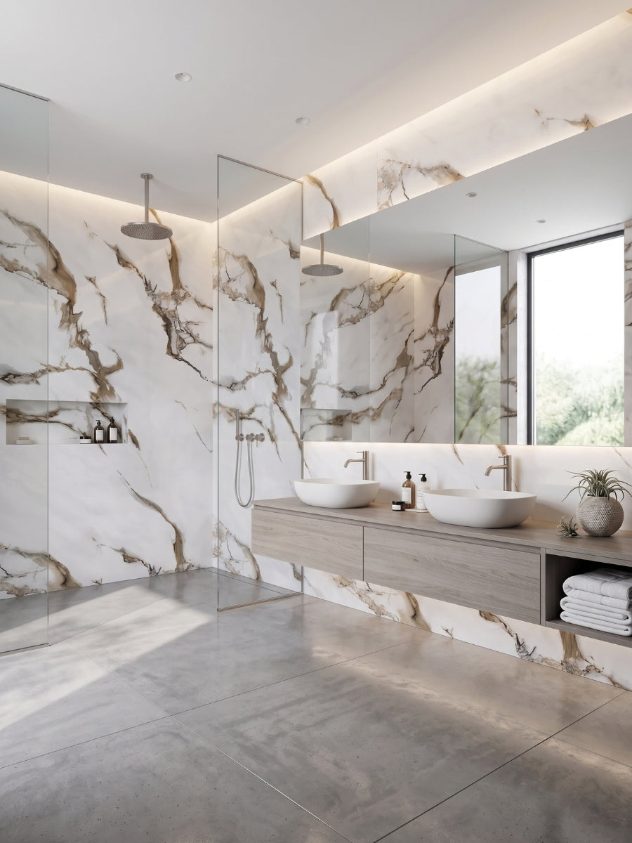 Waterproof Ethereal Blush Marble PVC wall panels lining a modern bathroom and glass-enclosed shower