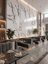 Tall Ethereal Blush Marble PVC feature wall with flowing brown and gray veining in an elegant restaurant dining area
