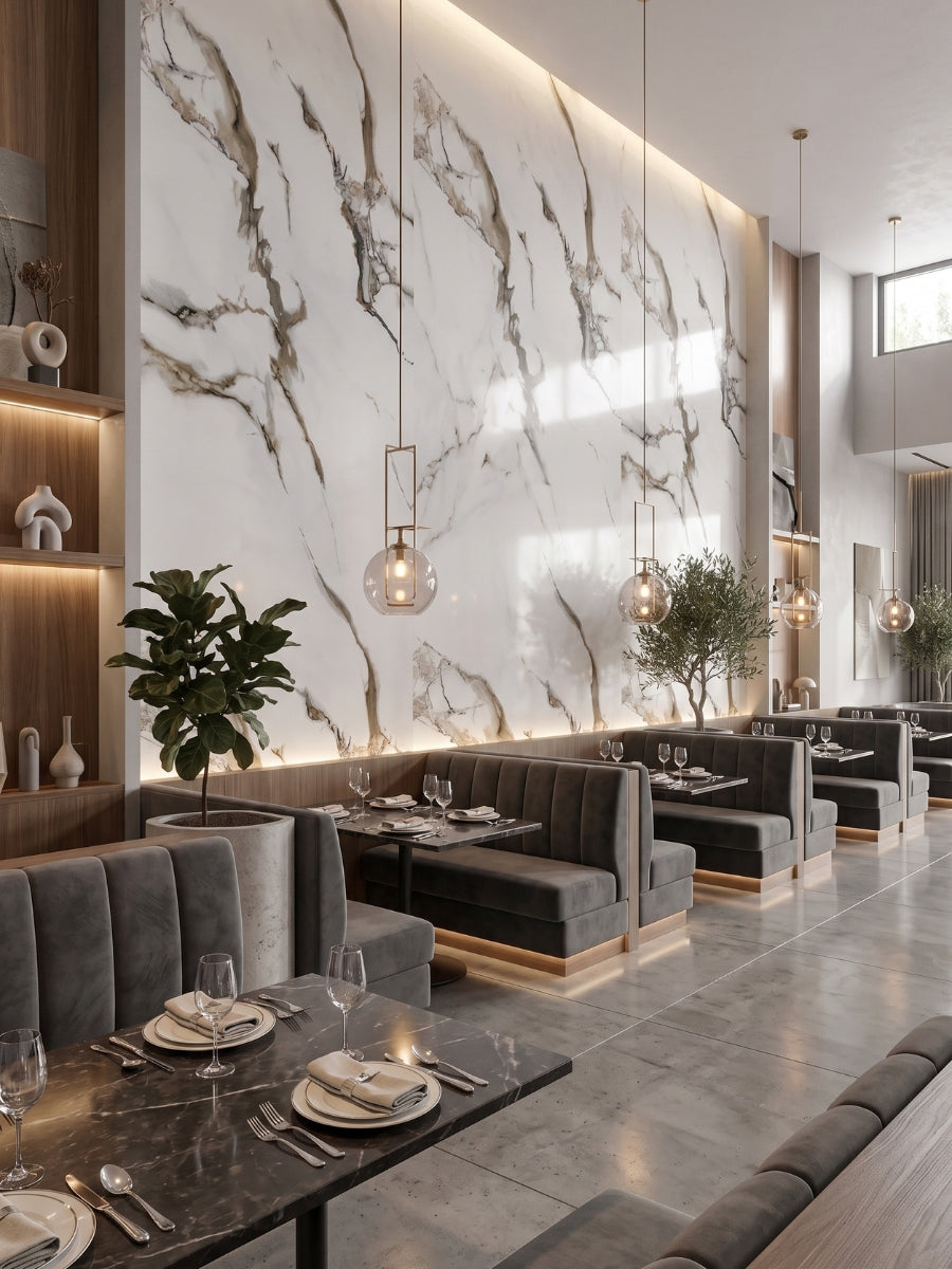 Tall Ethereal Blush Marble PVC feature wall with flowing brown and gray veining in an elegant restaurant dining area