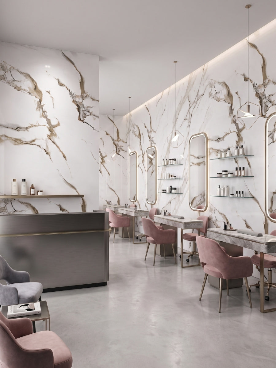 Ethereal Blush Marble PVC wall panels lining a bright salon with mirrors, display shelves, and blush pink chairs