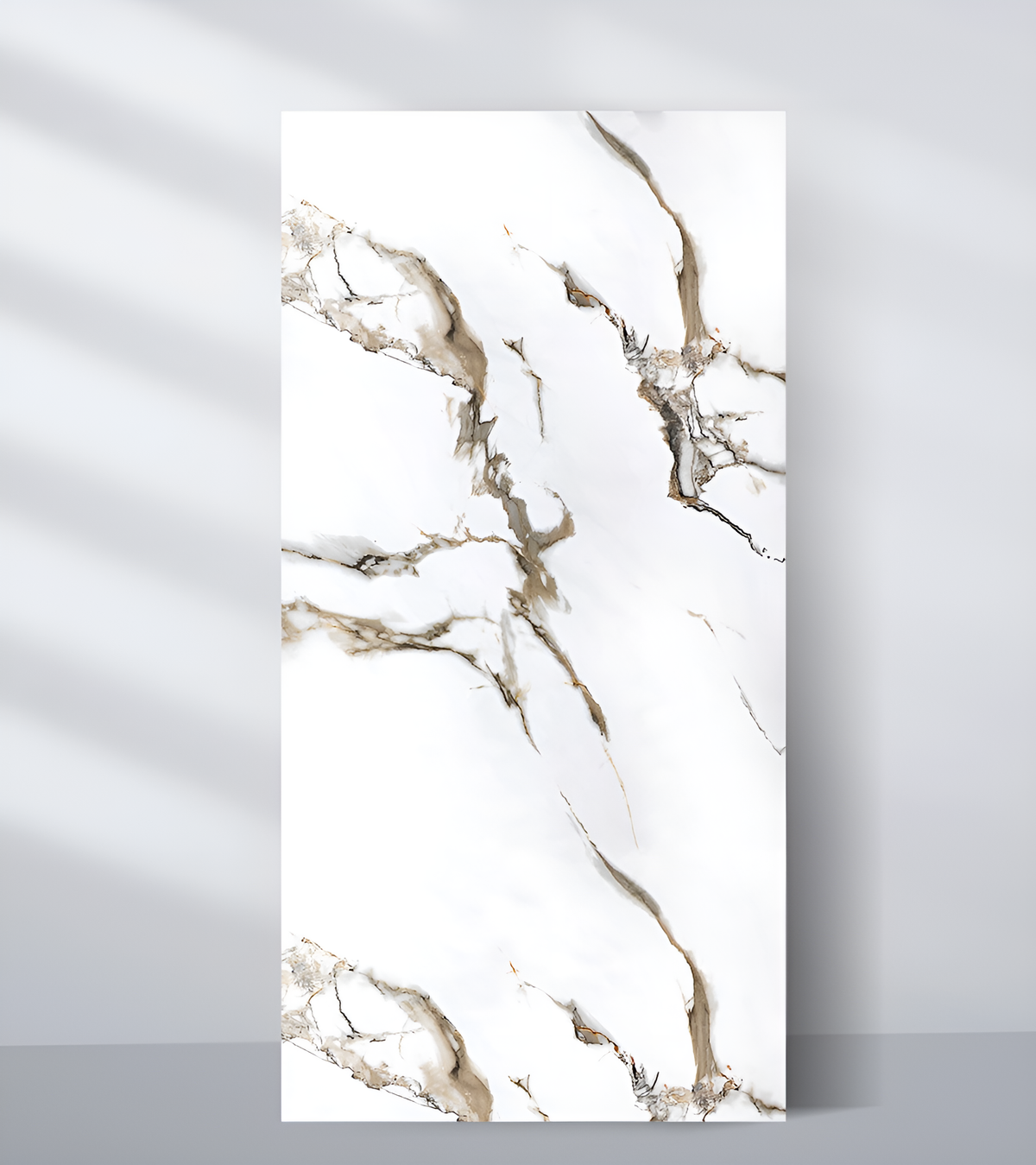 White PVC marble sheet sample with branching taupe, gray and gold-toned veins